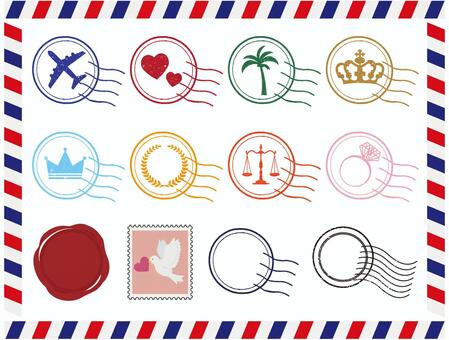 手紙セット 切手,消印,郵便,スタンプ,エアメール,ワックスシール,航空便,封筒,郵便局,郵送のイラスト素材