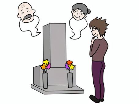 お墓でご先祖様に手をあわせる お墓,参り,ご先祖様,手を合わせる,参拝,先祖,祖父,祖母,おじいちゃん,おばあちゃんのイラスト素材