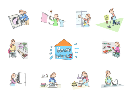 ハウスワーク②　カラー ハウスワーク,ハウスキーピング,家事,ママ,お母さん,女性,カラー,パステル,乾燥,掃除のイラスト素材