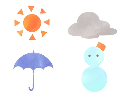 水彩風の天気アイコンセット 天気,アイコン,マーク,セット,太陽,晴れ,曇り,雲,雨,傘のイラスト素材