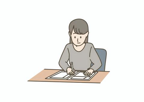 履歴書を書く女性 女性,履歴書,書類,転職,エントリーシート,キャリア,オフィスカジュアル,仕事,応募,人物のイラスト素材