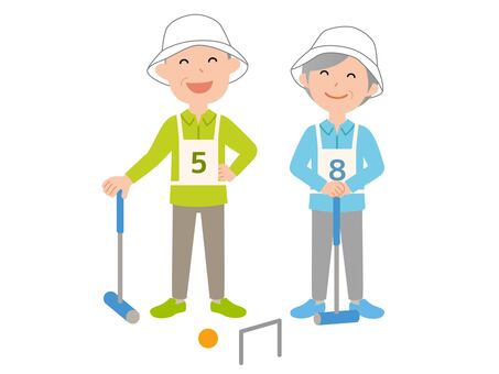 261010.ゲートボールをする男女4 ゲートボール,人物,男女,シニア,女性,グラウンドゴルフ,ゼッケン,運動,スポーツ,高齢者のイラスト素材