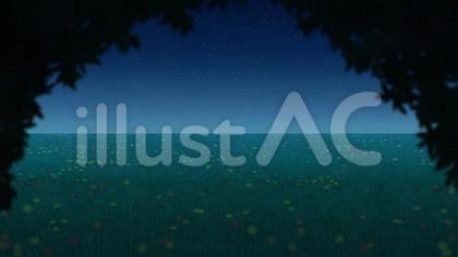 夜の木陰と草原と花の風景の背景 16:9