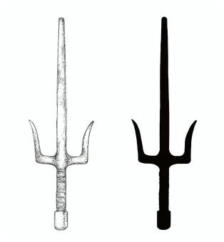 釵(さい)をイメージした手描きイラスト サイ,武器,昔,シルエット,手描き,リアル,モノクロ,挿絵,白バック,線画のイラスト素材