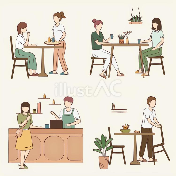 コーヒーショップラベルのセット（セルフサービス、トレーを持つ客など） コーヒーショップ,カフェ,セルフサービスのイラスト素材