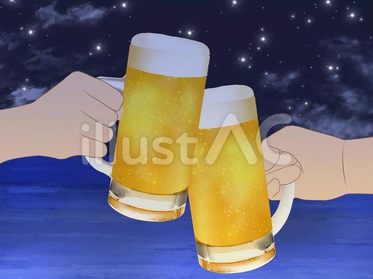 ビールで乾杯！（星空） ビール,乾杯,夏のイラスト素材