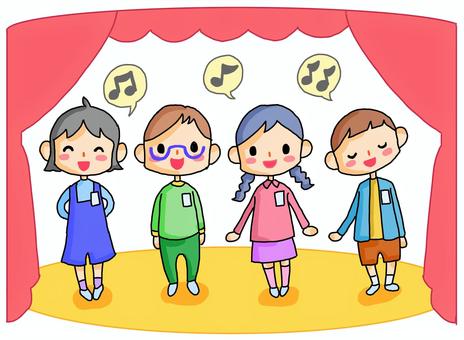 みんなで合唱会 合唱会,小学生,子供,男の子,女の子,複数人,生徒,音符,カーテン,ステージのイラスト素材