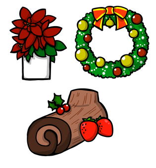 クリスマスアイテムセット クリスマス,ブッシュドノエル,ひいらぎ,リース,シンプル,オーナメント,リボン,ポインセチア,鉢植え,ケーキのイラスト素材