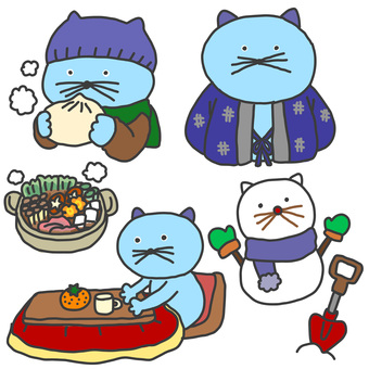 青い猫の冬のひととき 青い猫の冬のひととき 猫,冬,季節,寒い,雪,雪だるま,雪かき,スコップ,肉まん,鍋のイラスト素材