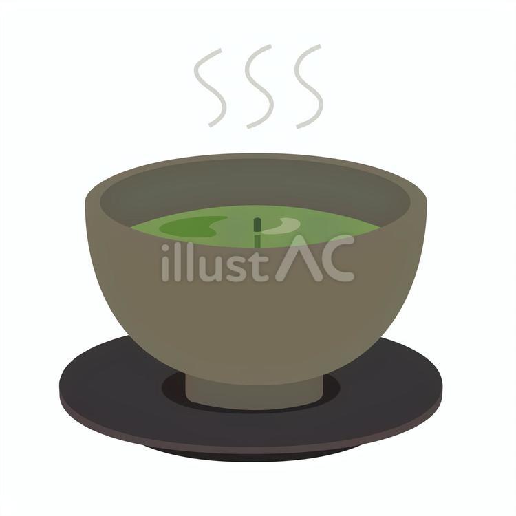 渋めの湯飲みに注がれた湯気立つ緑茶と茶柱 緑茶,お茶,茶柱のイラスト素材