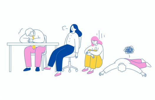 疲れたビジネスパーソンのイラスト素材 人物,ビジネス,会社員,デスクワーク,疲労,休憩,落ち込む,ストレス,座る,眠いのイラスト素材