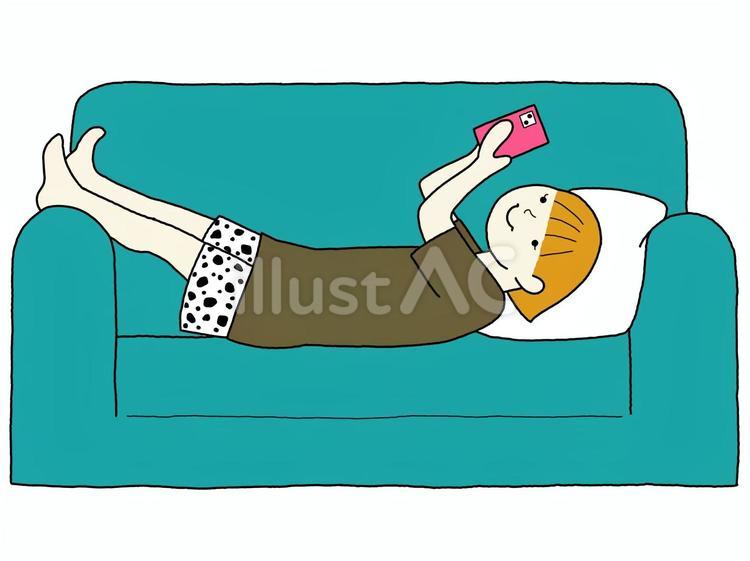 部屋着ガールC（ソファでスマホ） 女の子,女性,パジャマのイラスト素材