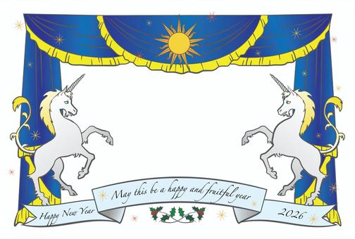 ユニコーンの写真用年賀状白背景 年賀状,2026年,ユニコーン,午年,写真用,キラキラ,モノケロス,太陽,幻獣,ヒイラギのイラスト素材