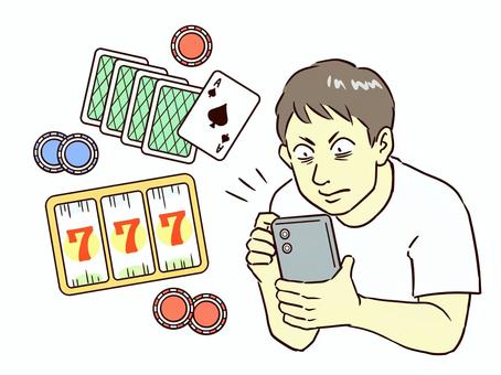 オンラインカジノをする男性 オンラインカジノ,スマートフォン,ハマる,夢中,のめり込む,男性,スマホ,スロット,トランプ,カードのイラスト素材