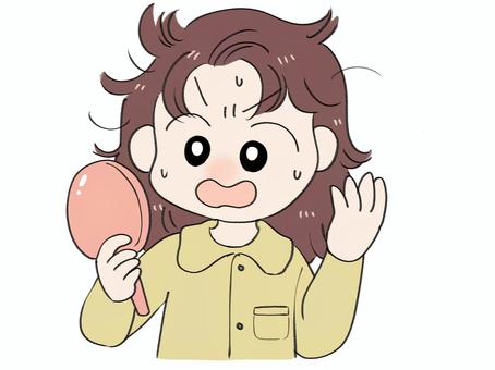 寝ぐせがついた女性 寝ぐせ,寝起き,鏡,人物,女性,手鏡,ミラー,ヘアスタイル,パジャマ,寝巻のイラスト素材