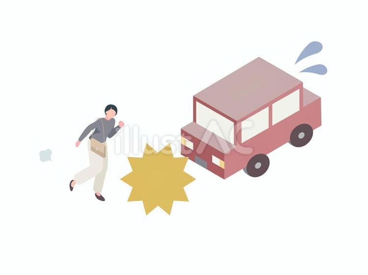 走行中の車の前に飛び出す女性のアイソメ 車,事故,衝突のイラスト素材