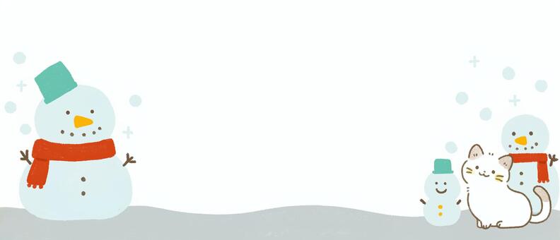 ゆる可愛い猫のシンプルな背景（冬） 雪だるま,ねこ,雪,マフラー,冬,動物,ゆるい,余白,背景,バナーのイラスト素材