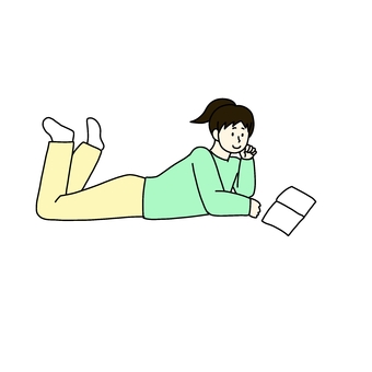 寝転んでくつろいでいる女性 女性,人物,シンプル,くつろぎ,リラックス,本,読書のイラスト素材