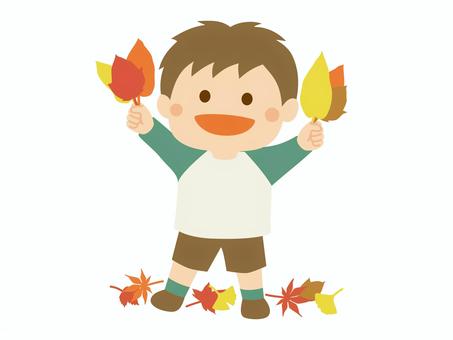 落ち葉で遊ぶこども_男の子1 こども,落ち葉,イチョウ,もみじ,カエデ,紅葉,男の子,小学校,小学生,幼稚園のイラスト素材