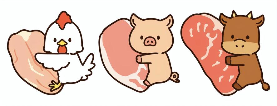 各々のお肉にくっつく可愛い鶏・豚・牛 鶏,豚,牛,pop,肉,チラシ,食育,家畜,食べ物,肉屋のイラスト素材