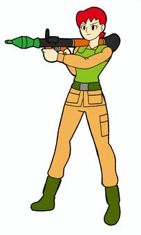 女性　兵隊　イラスト 赤髪,女性,兵隊,ロケットランチャー,軍服,カーキ色,緑色,ベスト,ベルト,くつのイラスト素材