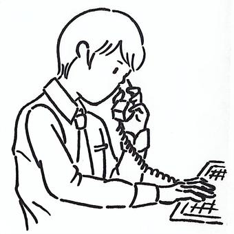 電話する事務員(線画) 事務員,総務,人事,コールセンター,電話,パソコン,会社員,職業,仕事,男性のイラスト素材
