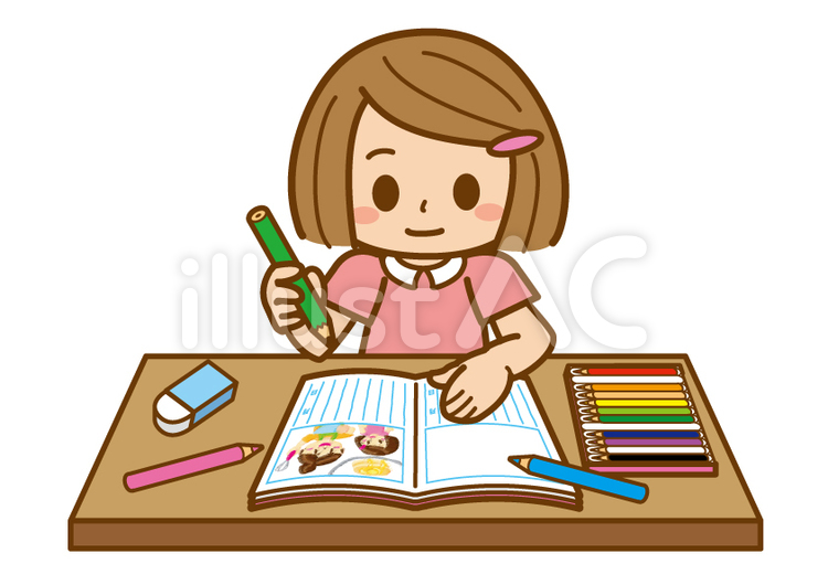 夏休み　絵日記を書く女の子　線あり 夏休み,絵日記,女の子のイラスト素材