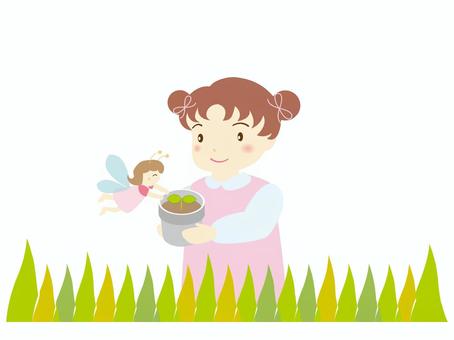 植物を育てる女の子と妖精のイラスト イラスト,女の子,妖精,植木鉢,二葉,植物のイラスト素材