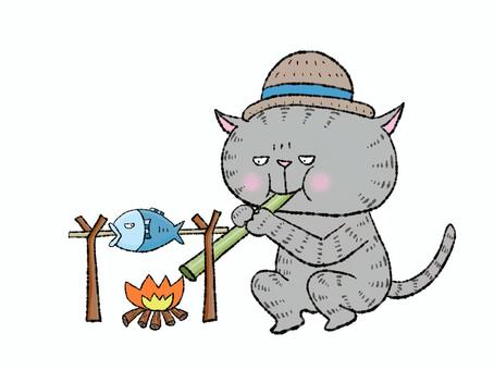 キャンプニャンコ（魚）サバトラ キャンプ,飯,焚き火,猫,炎,キャンプ場,料理,調理,直火,炭火のイラスト素材