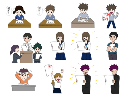 テスト関係　セット素材 テスト,男子,女子,満点,喜ぶ,返却,先生,試験,女性徒,生徒のイラスト素材