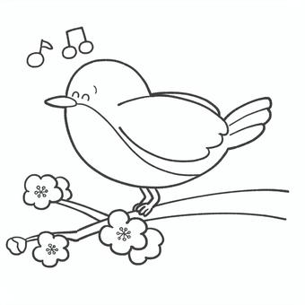 ウグイスと梅の花の白黒手描きイラスト ウグイス,梅,白黒,春,かわいい,手描き,挿絵,鳥,動物,生き物のイラスト素材