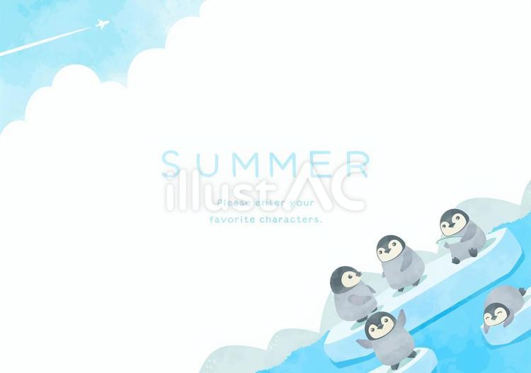 可愛いペンギンたちと青空と海の背景素材 夏,海,背景のイラスト素材