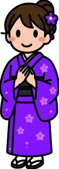 紫のお正月の女性です。 お正月,シンプル,和装,和服,成人式,卒業式,コスチューム,正装,日本,女性のイラスト素材