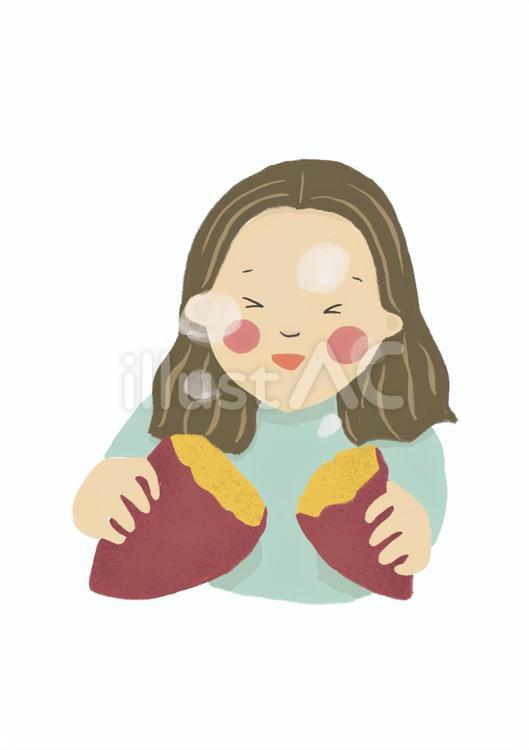秋に焼き芋を食べる女性 焼き芋,秋,女性のイラスト素材