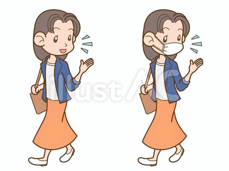 話しながら歩く女性（マスク無／有） 女性,人物,大人のイラスト素材