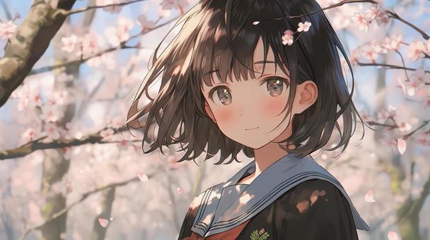 High school girl under the cherry tree_anime character, , JPG