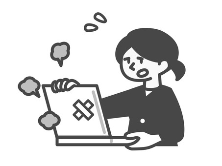 パソコンが壊れて困っているスーツ姿の女性 人,パソコン,pc,故障,トラブル,壊れた,困る,事務,入力,作業のイラスト素材