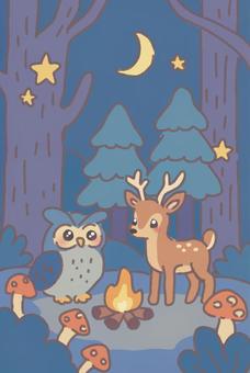 フクロウと鹿のキャンプ フクロウと鹿のキャンプ フクロウ,ミミズク,森,山,木,自然,きのこ,鹿,トナカイ,動物のイラスト素材