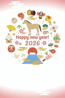 2026年午年年賀状テンプレート縦  年賀状,2026,馬,午,テンプレート,年賀,干支,お正月,和,新年のイラスト素材