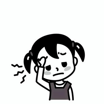女の子　頭痛　白黒 頭痛,白黒,子供,病気,症状,女の子,不調,片頭痛,風邪,インフルエンザのイラスト素材