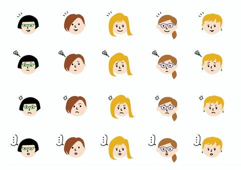 顔いろいろ_女性 人物,顔,表情,笑顔,怒り,困り顔,呆然,かわいい,メガネ,女性のイラスト素材