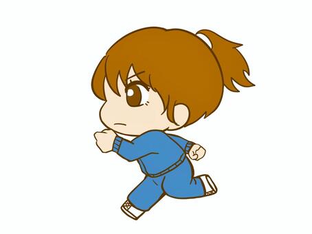 ジャージで走る女の子 学年色青 ジャージ,女の子,走る,学生,全身絵,ポニーテール,萌え系,ちびキャラ,かわいい系のイラスト素材