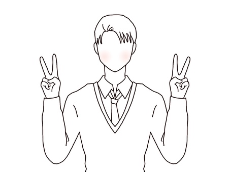 ダブルピースの男性 ダブルピース,ピース,ポーズ,線画,顔なし,白塗り,正面,1人,上半身,シャツのイラスト素材