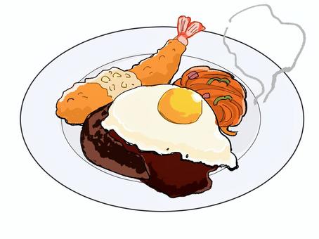 目玉焼きハンバーグのイラスト 目玉焼きハンバーグ,ハンバーグ,エビフライ,ナポリタン,洋食,ランチ,手描き風イラストのイラスト素材