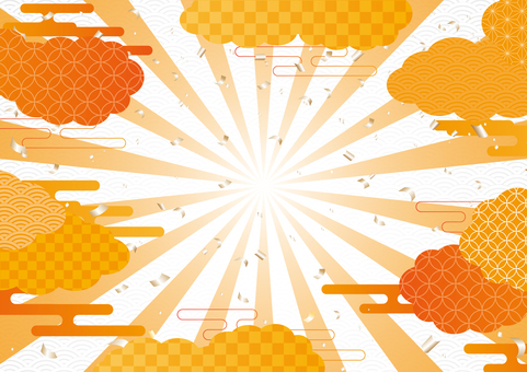 橙色の和柄の雲と集中線の背景素材 和風,和柄,集中線,紙吹雪,雲,背景のイラスト素材