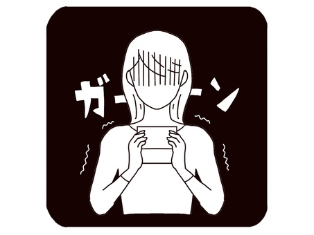 ショックを受ける女性 ショック,女性,ガーン,震える,青ざめる,持つ,両手,顔なし,線画,白塗りのイラスト素材