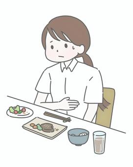 食欲がなく胃を押さえる半袖シャツの女性 女性,会社員,ビジネスウーマン,ol,食欲不振,胃もたれ,胃痛,体調不良,夏バテ,食事のイラスト素材