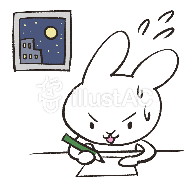 夜中に勉強するウサギ うさぎ,兎,ウサギのイラスト素材