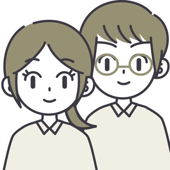 【そのまま使える】二色のカップル6 人物,2人組,男性,女性,目線,笑顔,バストアップ,メガネ,ポニーテール,正面のイラスト素材