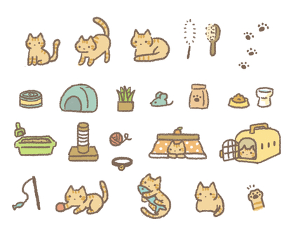 ねことの暮らしイラスト セット,ねこ,猫グッズ,猫用品,かわいい,手描き,ゆるい,茶トラ,猫草,こたつのイラスト素材